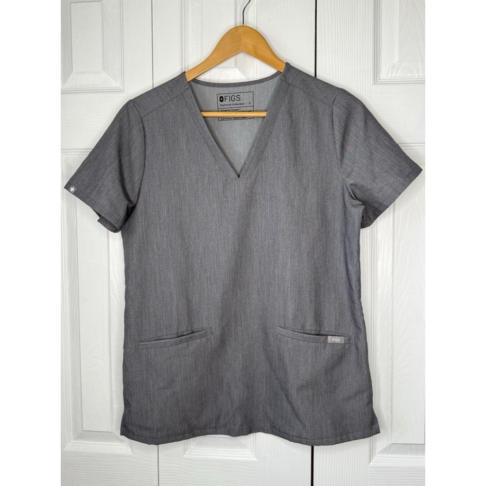 Figs Technical Collection Scrub Top Women's S V Neck Short Sleeve 2 Pkts Gray